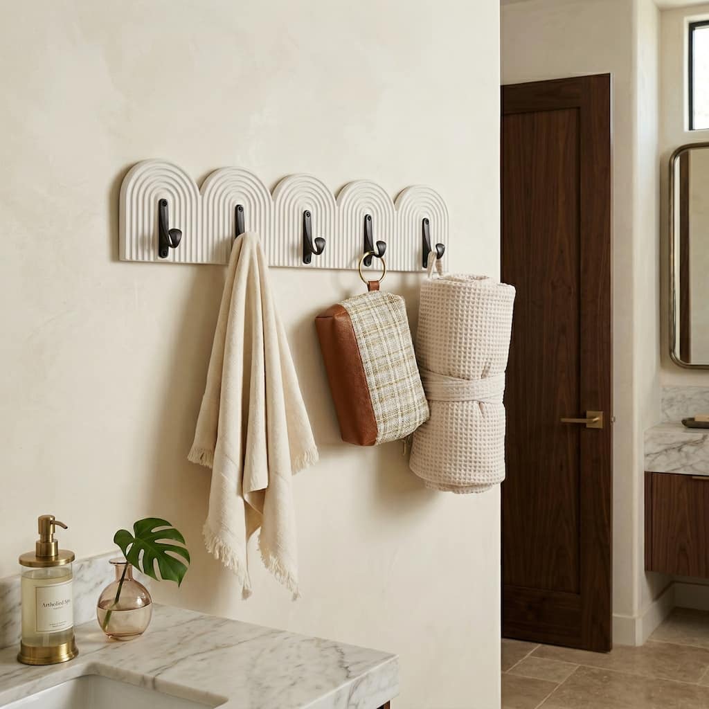 Wood Ribbed Arch Wall Shelf with Five Hooks - White, 24" - 24.0"