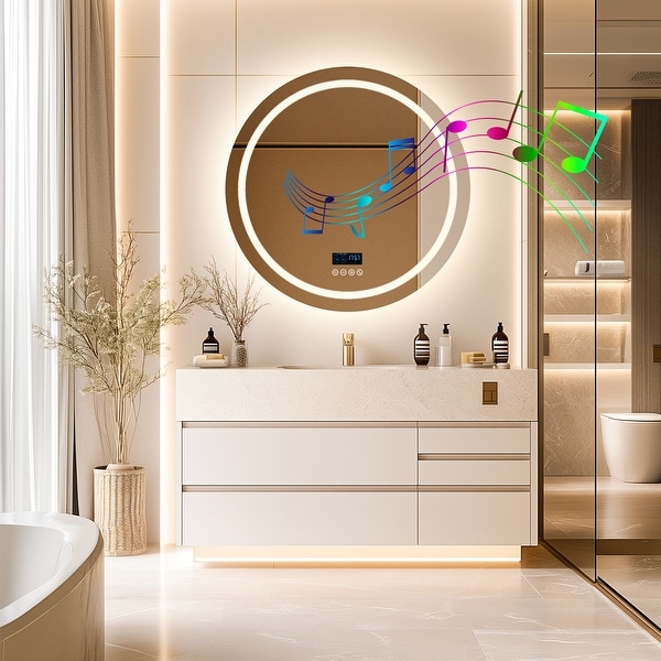 Smart bathroom mirror with bluetooth speaker outlet