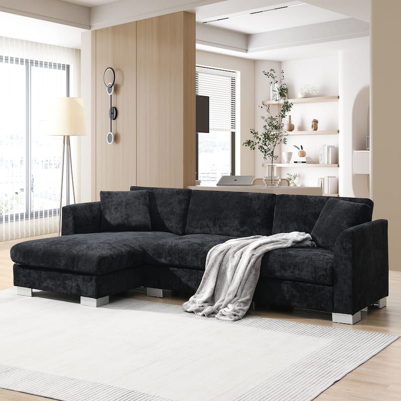 4-seat Chenille Indoor Sectional Sofa with Oversized Chaise - Black