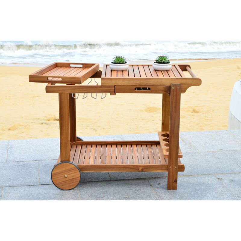 SAFAVIEH Outdoor Nallely Acacia Wood Tea Trolly - 24Wx39Dx30H