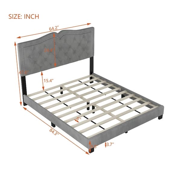 dimension image slide 4 of 6, Upholstered Queen Bed Frame with Rivet Accents, Velvet Tufted Headboard