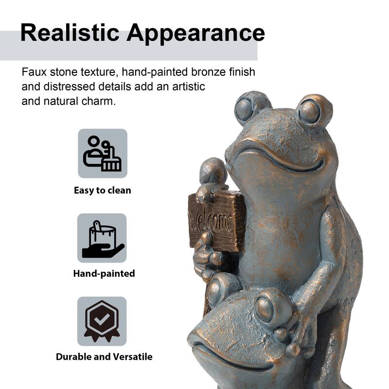 28" H Bronze MgO Lucky Stacked Frogs Garden Statues with "Welcome" Sign Zen-style Coastal-style Sculpture by Glitzhome