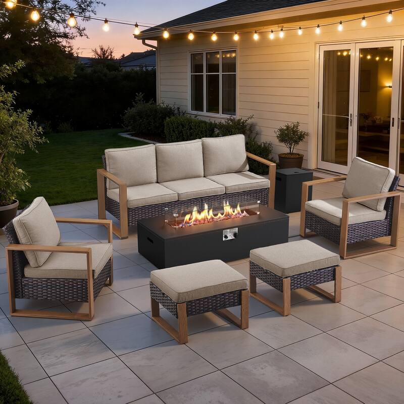 Meyreso Wicker Patio Conversation Set with Metal Fire Pit Table & 4.5-Inch Olefin Cushions - Brown / Beige Cushions - 6-Piece