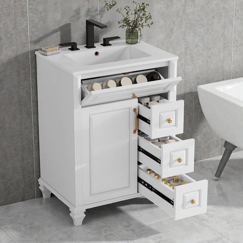 24 Inch Bathroom Vanity with Ceramic Sink, White Freestanding Vanity Cabinet with Flip-Out Drawer and Storage