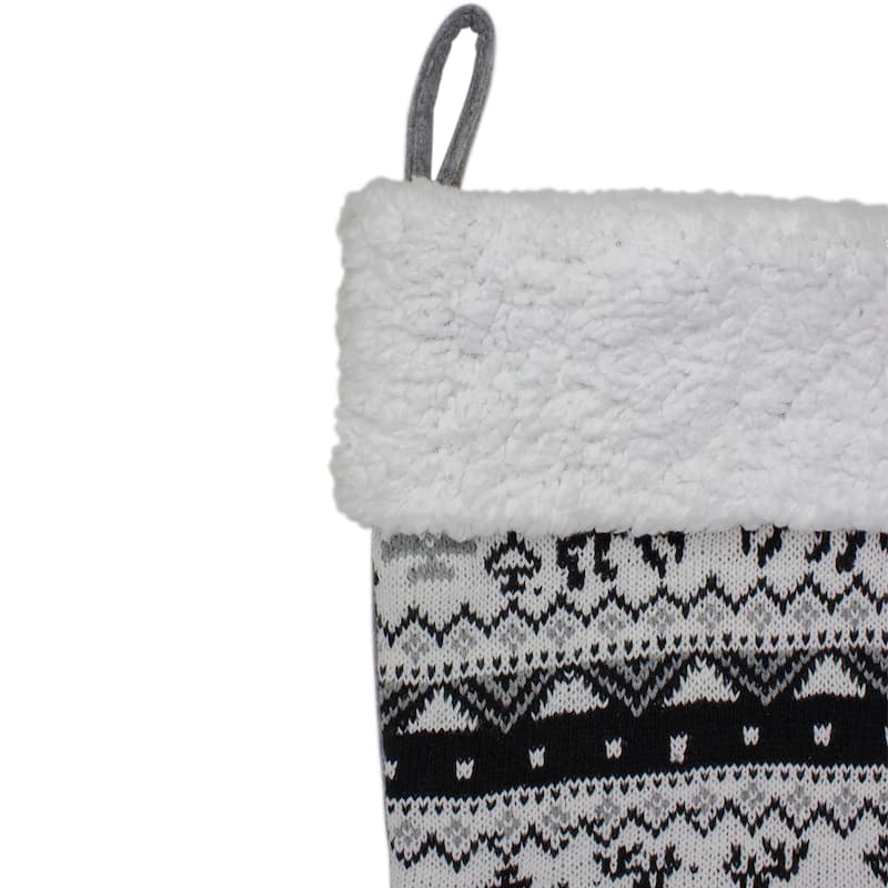21" Black Gray and White Rustic Lodge Knit Christmas Stocking with High Pile Fleece Cuff