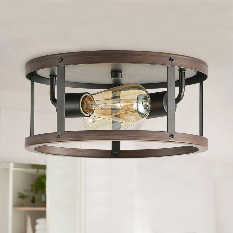 Vintage Black and Brown 2-Light Flush Mount Cylinder Shape Lighting Fixture