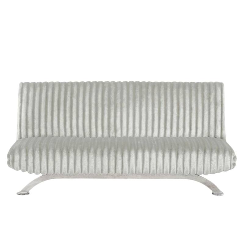 Villy Futon Sofa Bed, Chrome Metal Legs, Gray Channel Tufted Fabric