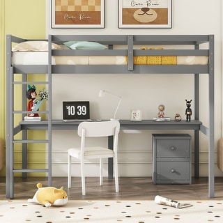 Twin Size Loft Bed with Underbed Full-length Desk and Storage Cabinet, Wood Loft Bed Frame with Guardrails Ladder for Boys Girls