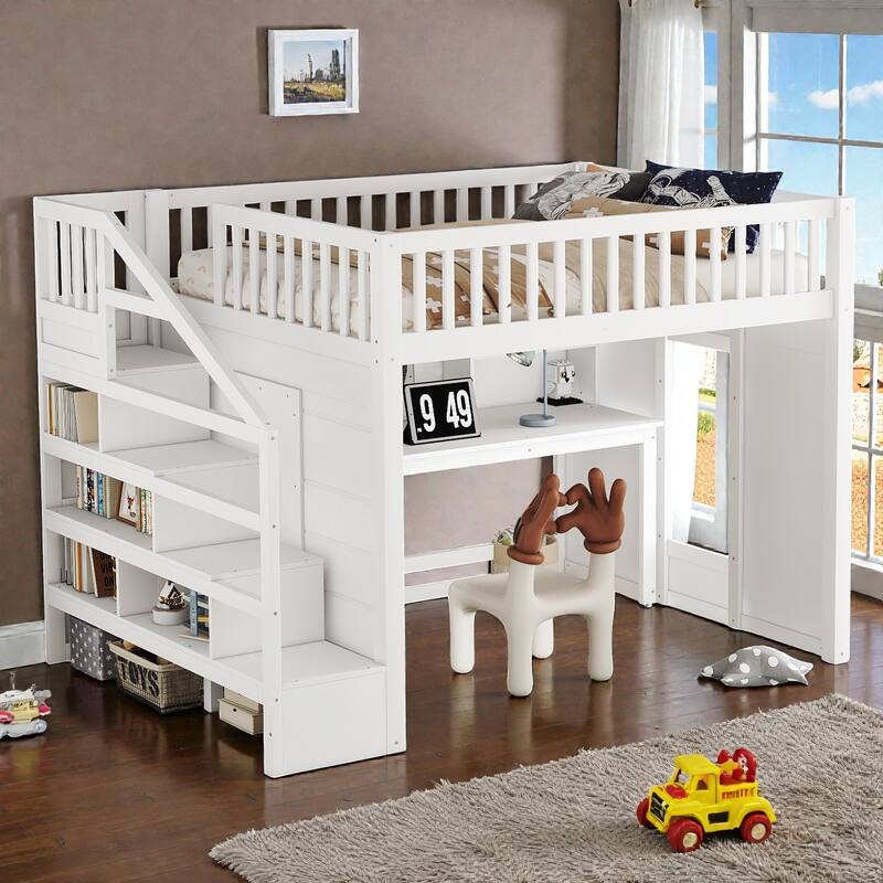 Loft Bed with Movable Desk, Storage Stairs & Shelves, Solid Wood Twin/Full High Loft Bed with Study Area & Safety Guardrails