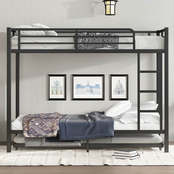 slide 2 of 12, Twin XL over Twin XL Metal Bunk Bed Frame with Twin Size Trundle, Plastic Stoppers, Built-in Ladder and Full-Length Guardrails Black - Twin XL