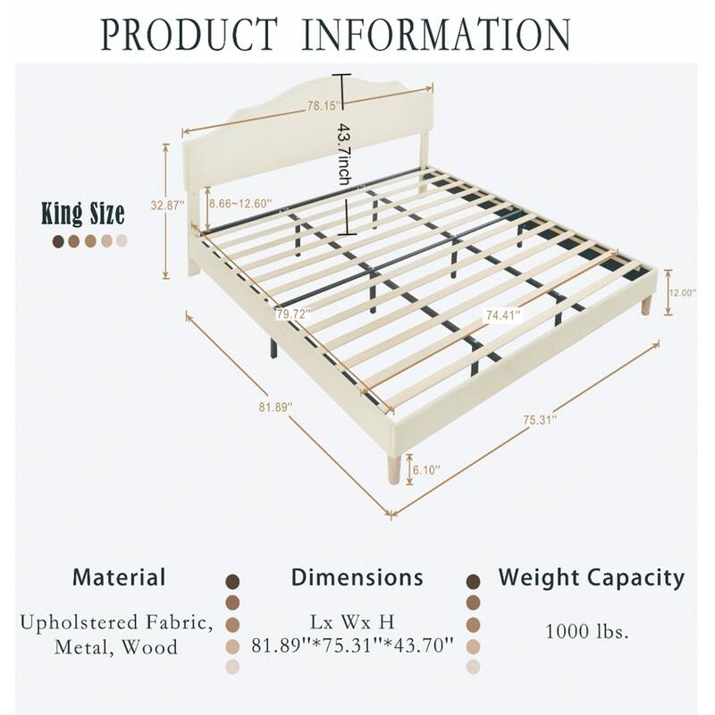 Linen Fabric Adjustable Headboard Upholstered Platform Bed