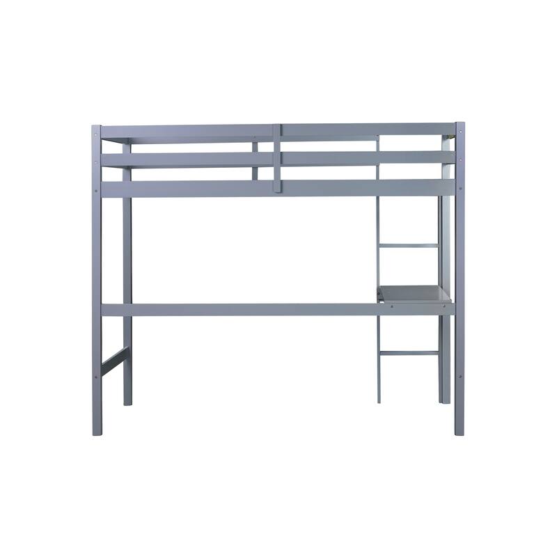 Grey Twin High Loft Bed with Built-in Desk and Safety Guardrail, Rubber Wood Construction