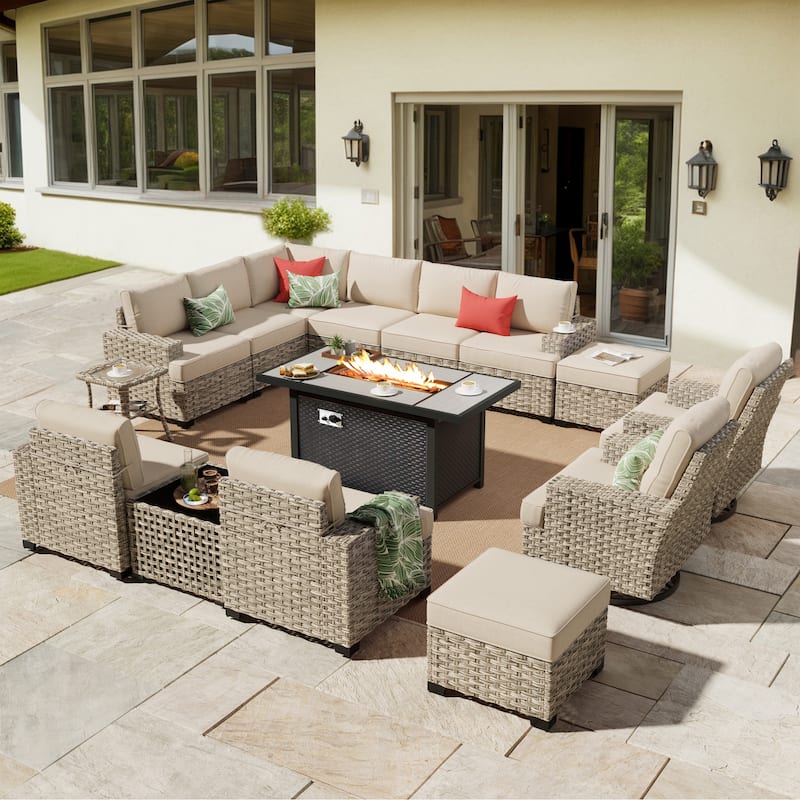 HOOOWOOO 15-piece Outdoor Sofa Patio Wicker Furniture Sectional Set with 54" Fire Pit Table - Beige