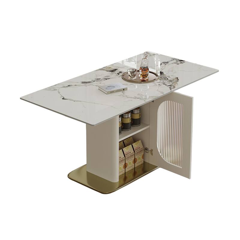 Dining Table for 4-6 People, Kitchen Table with Storage Shelf & Acrylic Door Cabinet, Home Office Table with Marble Top