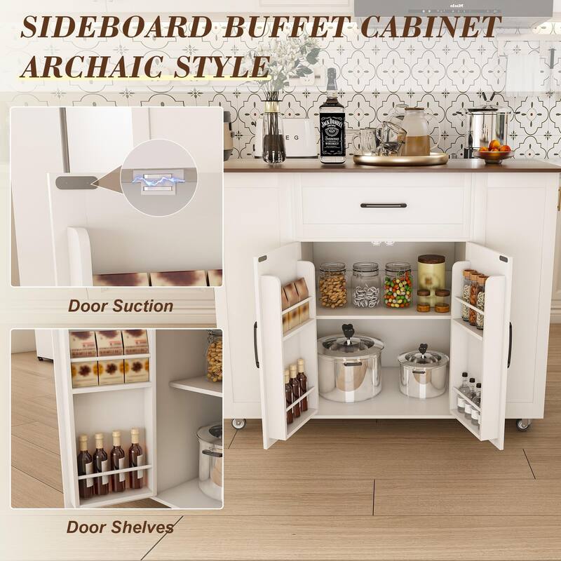 46" Kitchen Island on Wheels with Storage & Power Outlet - Movable Rustic Breakfast Bar Table