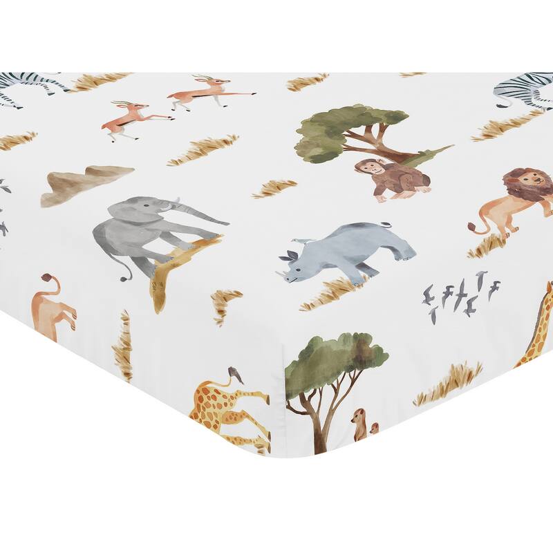 Jungle Animals Fitted Crib Sheet Hunter Green Yellow Grey Black and White Safari Elephant Giraffe Lion Monkey Leopard Cheetah