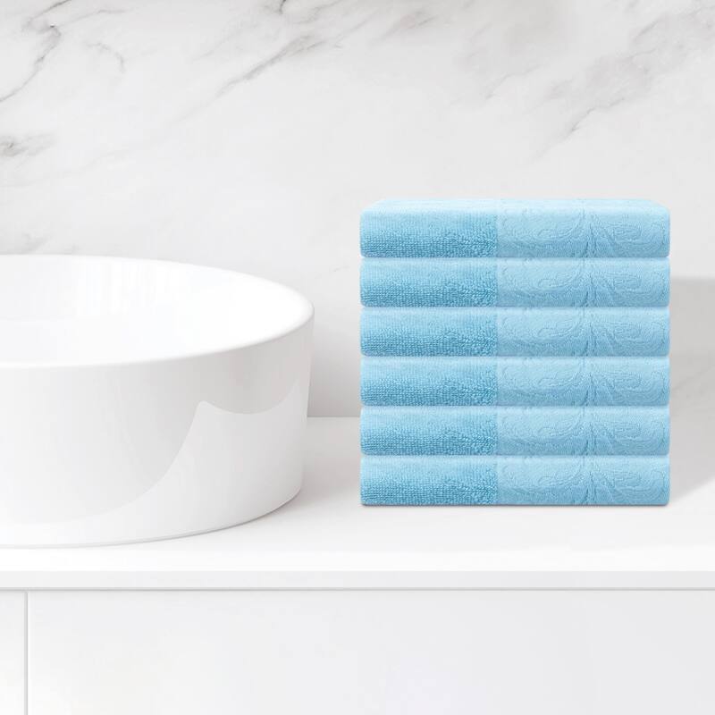 6 Pack Cotton Washcloths, Printed Face Towel, Absorbent and Comfort Face Towels for Bathroom, Hotel, Gym 13" x 13" - Blue