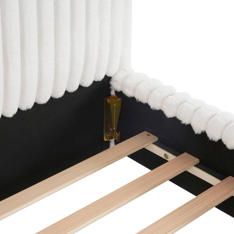 Sleek White Boucle Upholstered Bed with Wavy Headboard & Vertical Stitching, King