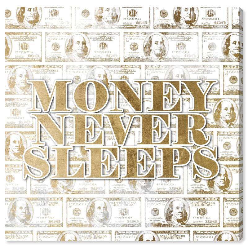 Hatcher and Ethan Prints 'Money Never Sleeps Gold' Typography and Quotes Gold Wall Art Canvas Print