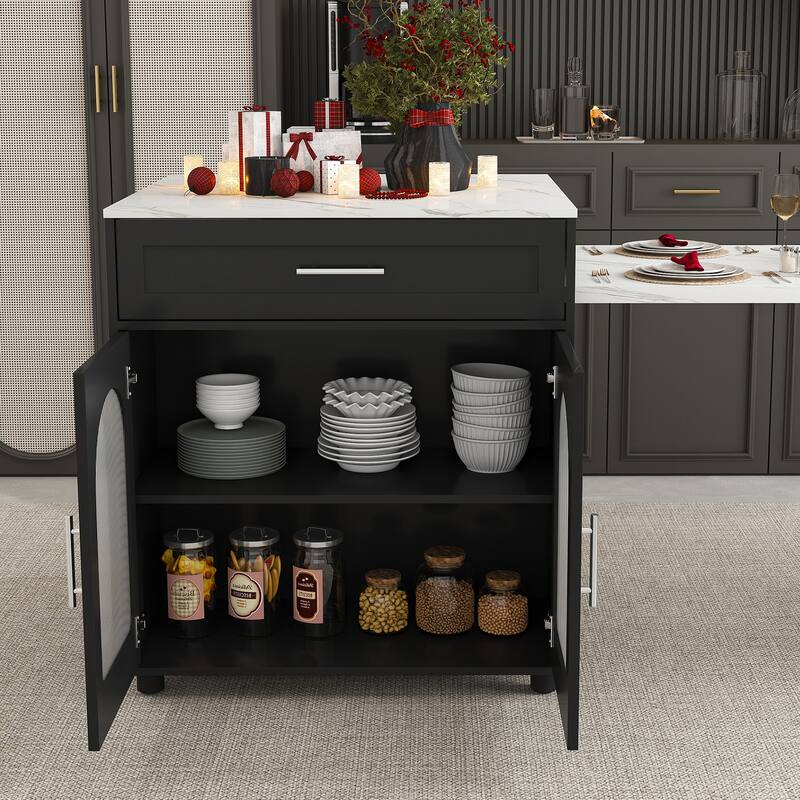 Expandable Kitchen Island with Dining Table, Wood Kitchen Table with Power Outlet, Mobile Storage Cart with 2 Drawers