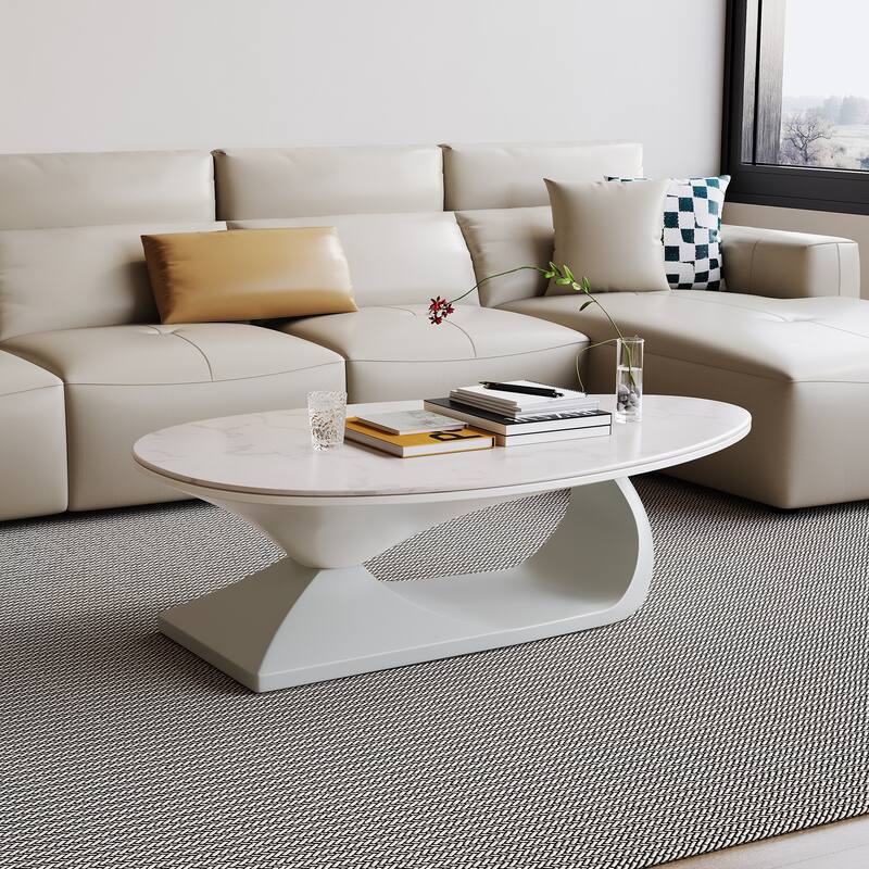 Modern Cream Style Oval Coffee Table Light Luxury Sintered Stone Top Coffee Table Wood/Faux Marble in Brown