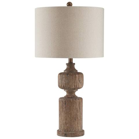 Polyresin Table Lamp with Turned Base and Fabric Shade, Brown and White - 28.75 H x 15 W x 15 L Inches