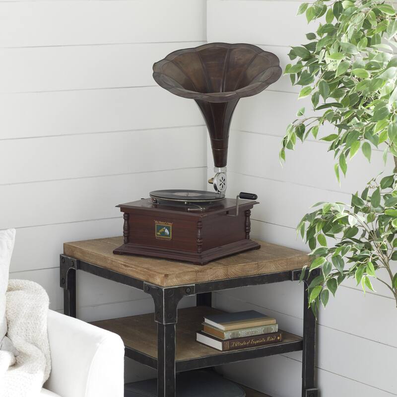 Wood Functional Gramophone with Record - Brown - Roche River Decor
