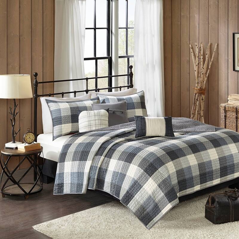 GDF Studio - Ridge Printed Herringbone Reversible Quilt Set with Throw Pillows - Grey (Full/Queen)