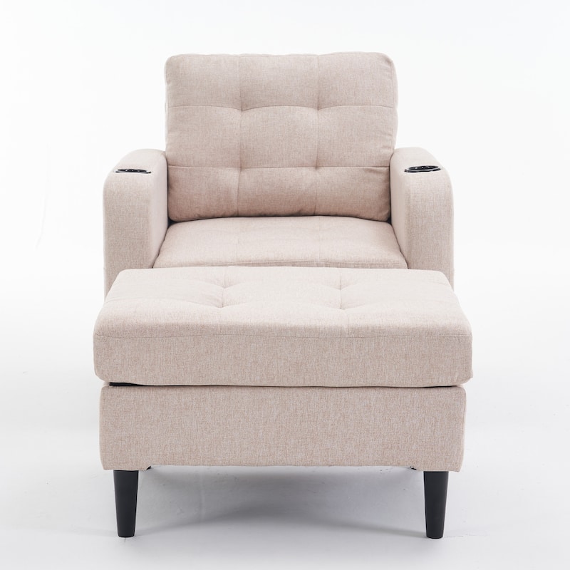 Beige Modern 31.5" Upholstered Buttons Tufted Arm Chair with Storage and Cup Holders for Living Room