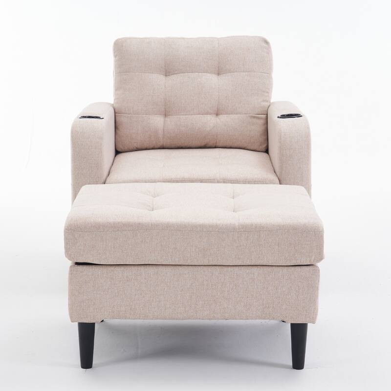 Beige Upholstered Armchair and Storage Ottoman Set with Cup Holders and Tufted Detailing