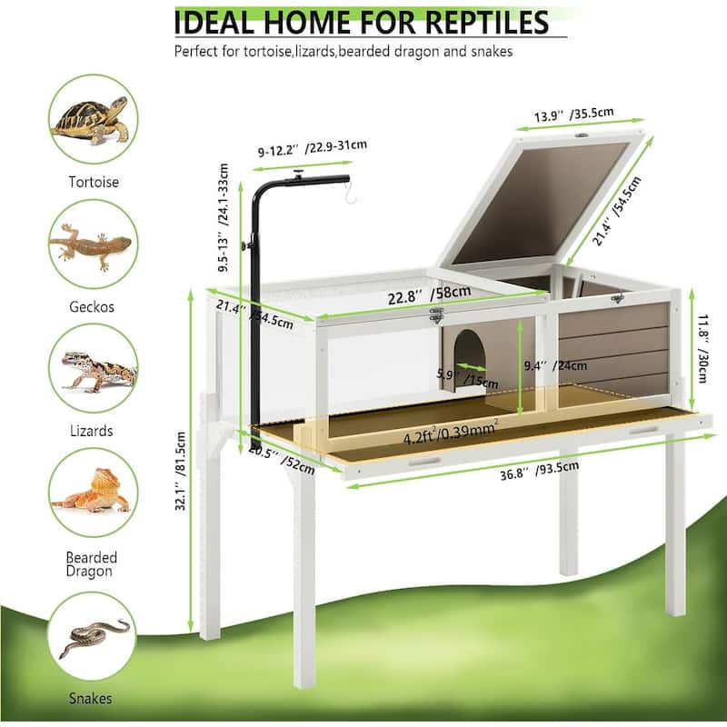 BOSSIN Tortoise Habitat with Detachable Legs, Wooden Tortoise House Reptile Cage for Small Animals with Lamp Holder