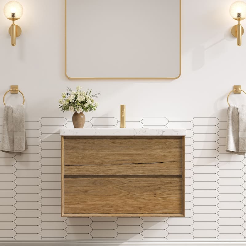 24"30"36"48"60"72" Floating Bathroom Vanity Engineered Stone Top with Rectangular Ceramic Undermount Sink