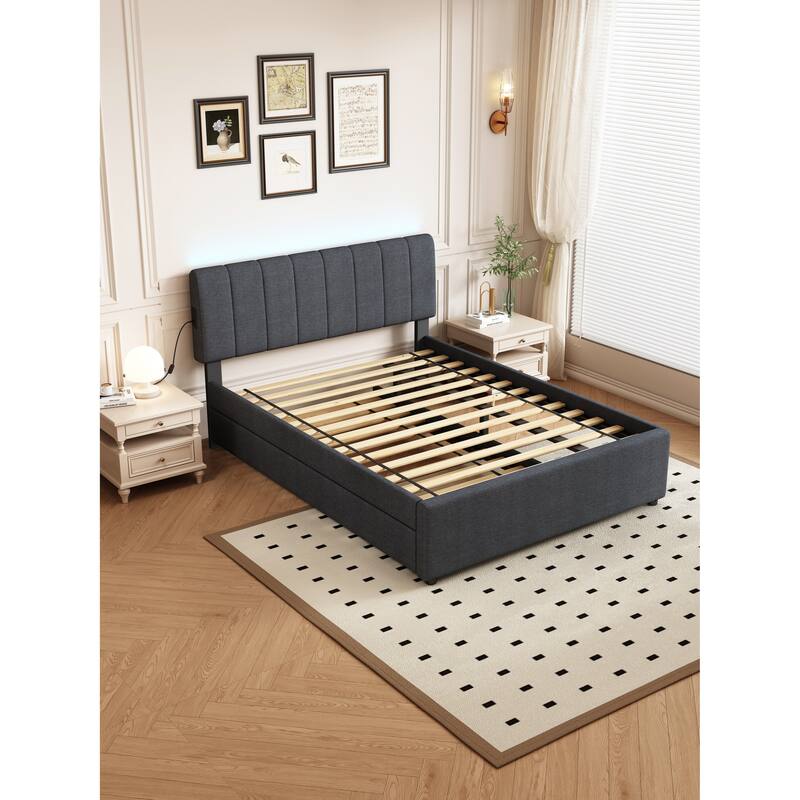 Full Size Platform Bed with Twin Trundle - LED Lighting, Charging Station And 800lb Capacity