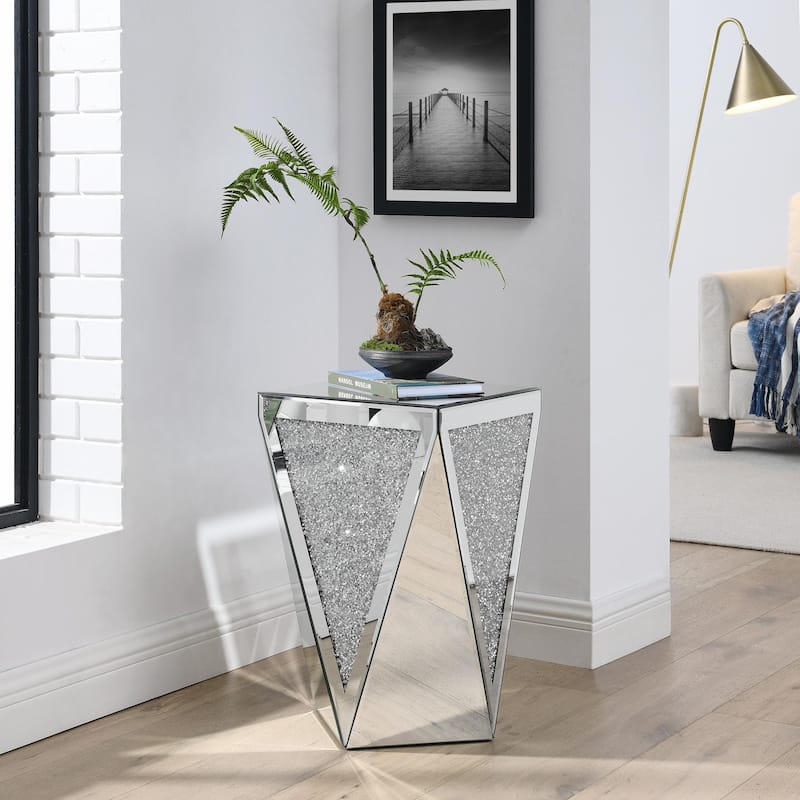 Crystal Diamond Inlaid Silver Glass Side Table - Silver - Glass