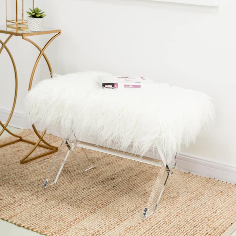 Glitzhome Modern Faux Fur Acrylic Accent Bench Ottoman