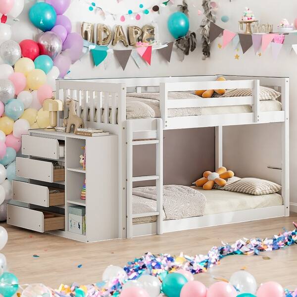 slide 2 of 13, Twin over Twin Bunk Bed with 4 Drawers and 3 Shelves White