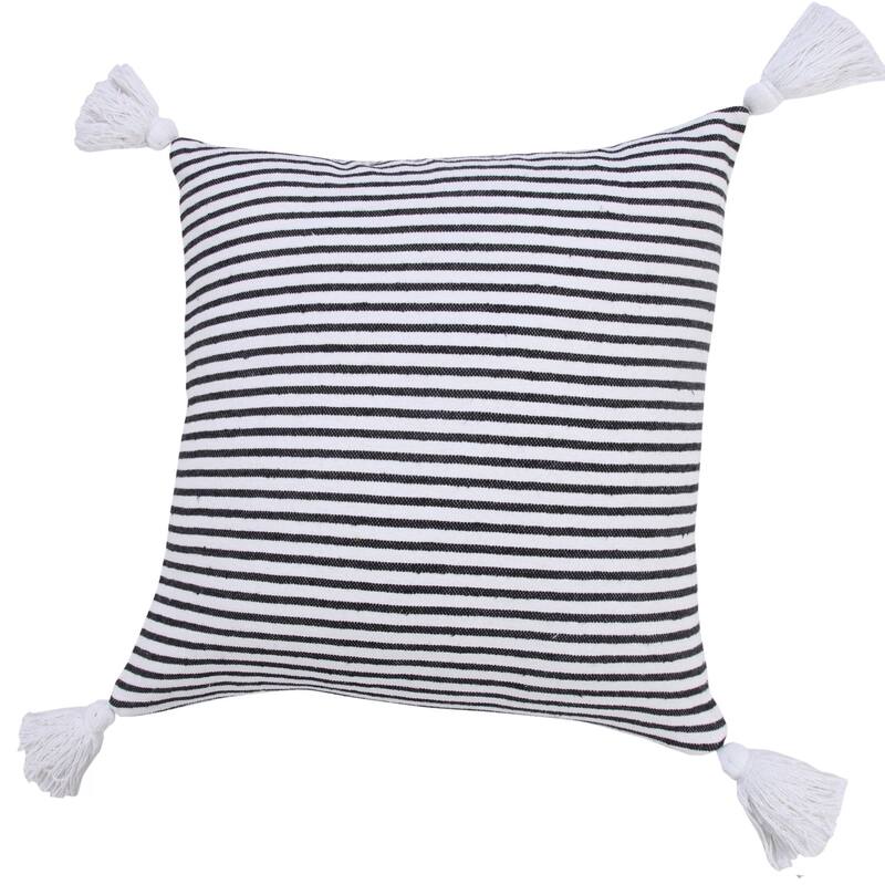20" White and Black Striped Tassels Square Throw Pillow