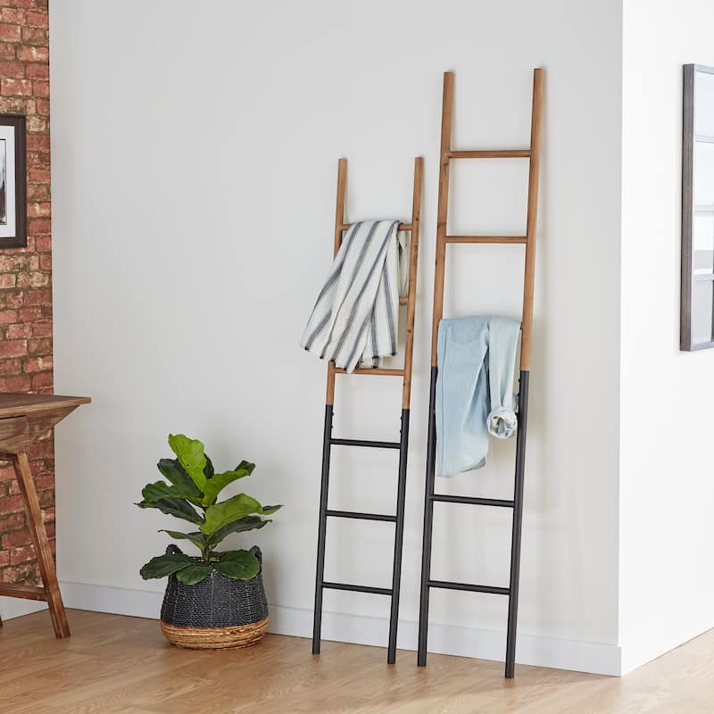 Brown Wood Slim Two-Toned 12 Rug Ladder with Black Metal Bases (Set of 2) - Brown