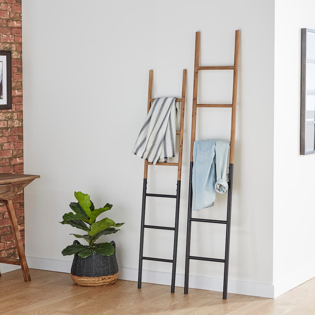 Brown Wood Slim Two-Toned 12 Rug Ladder with Black Metal Bases (Set of 2)