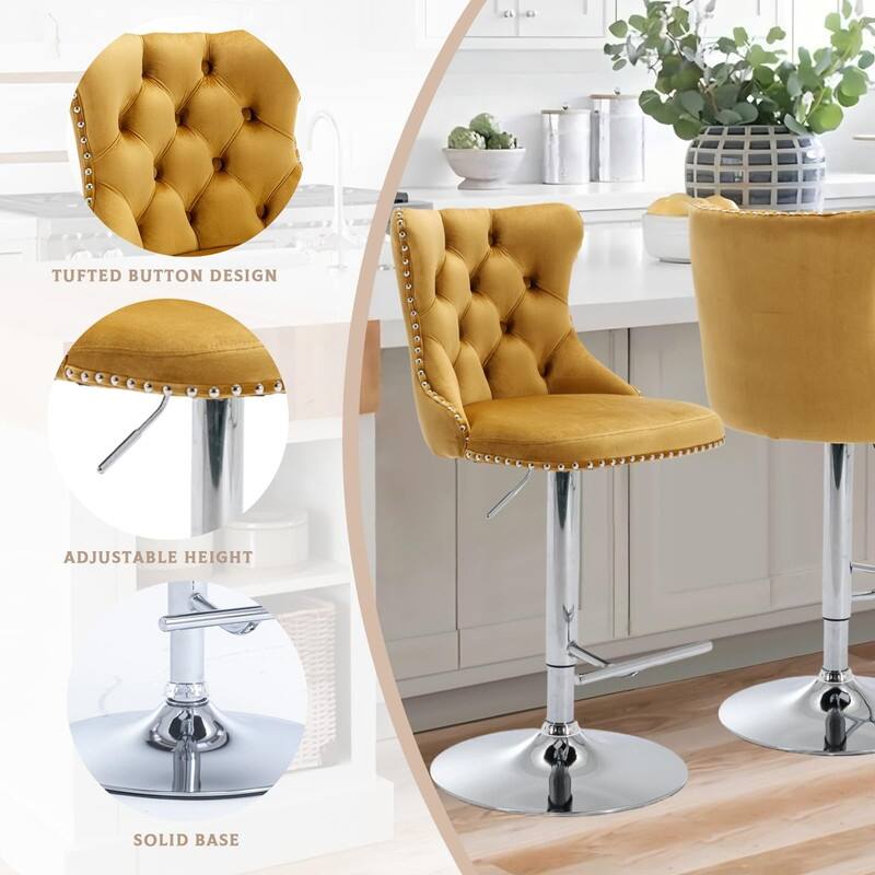 Velvet Upholstered Nailheads Tufted Swivel Bar Stools (Set of 4)