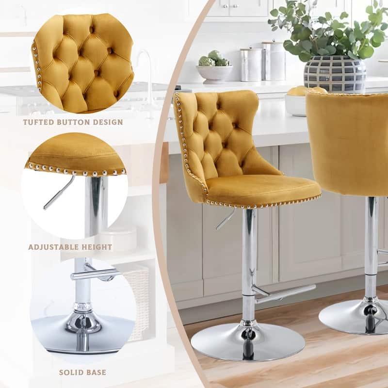 Velvet Upholstered Nailheads Tufted Swivel Bar Stools (Set of 6)