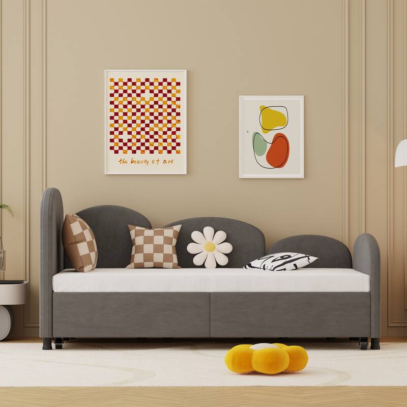 Flower-Shaped Velvet Daybed Frame with Under-Bed Storage - Twin Size Sofa Bed for Bedroom, Kids Room, Living Room, Gray