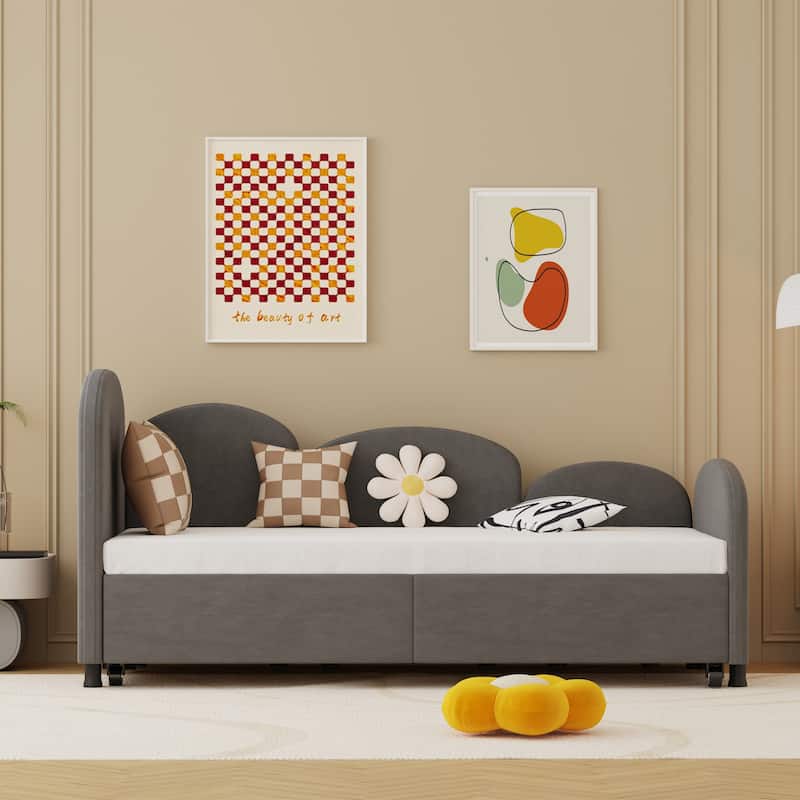Twin Size Velvet Upholstered Daybed, Platform Bed Frame with Flower Design, Trundle Ideal for Bedroom and Guest Room