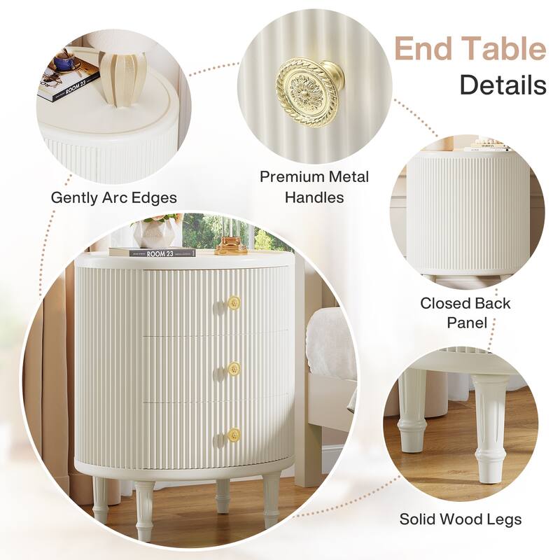 Wooden Nightstand with 3 Drawers and Solid Wood Legs for Bedroom, White
