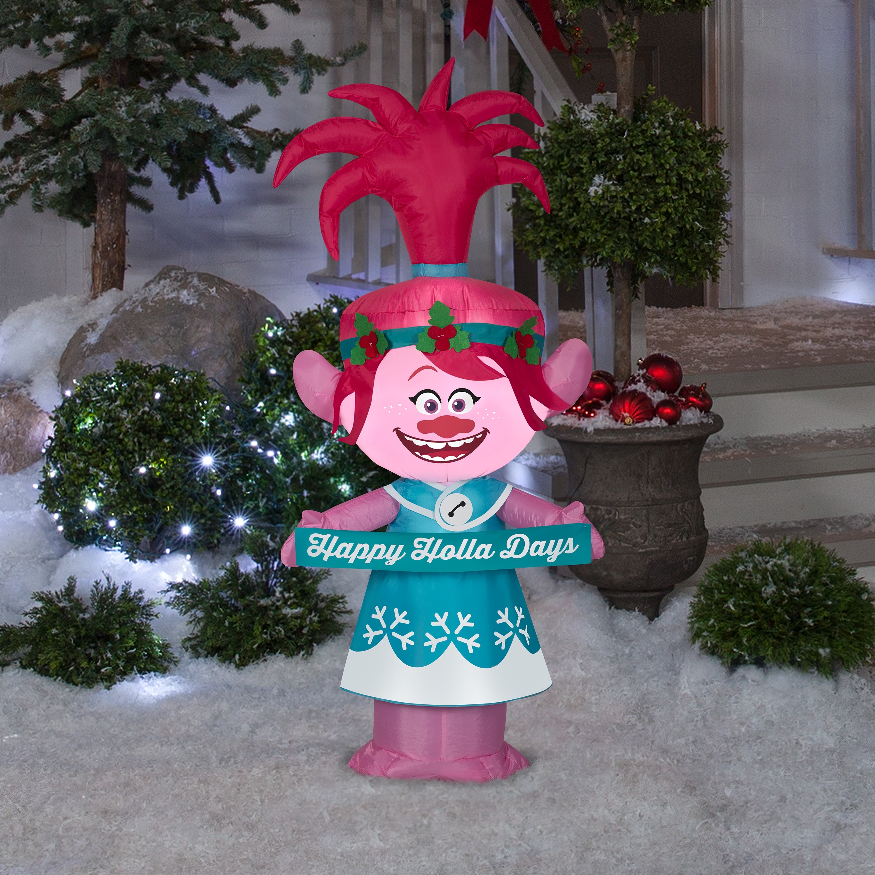 Gemmy Christmas Airblown Inflatable Poppy in Holiday Outfit w/Banner Universal, 4 ft Tall, pink