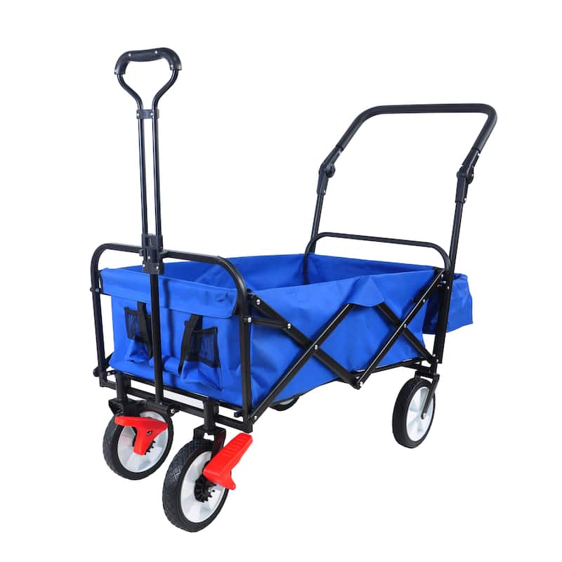 Folding Wagon with Adjustable Handles and Drink Holder, Heavy-Duty Hand Cart for the Outdoors