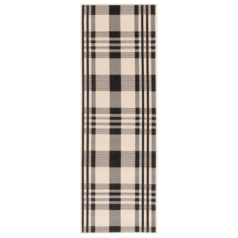 SAFAVIEH Courtyard Oriole Plaid Indoor/ Outdoor Waterproof Patio Backyard. - 2'3" x 16' Runner - Black/Bone