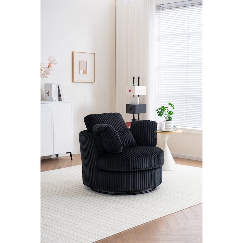 Oversized 360 Degreed Swivel Accent Chair Modern Soft Plush Corduroy Round Barrel Chair for Living Room Bedroom with Pillows