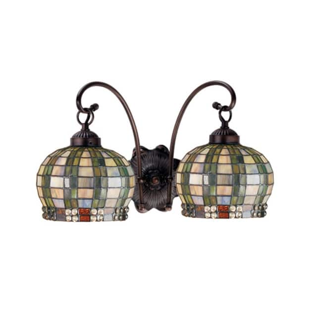 Meyda Tiffany 19" Wide 2 Light Double Sconce with Tiffany Glass Shades - Mahogany Bronze