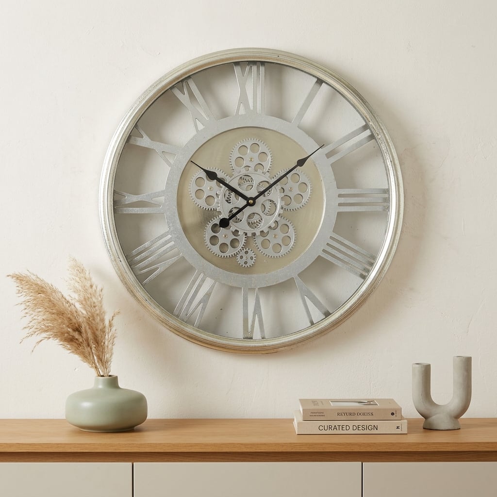 HomeRoots 21" Circle Silver Metal and Glass Analog Exposed Gear Wall Clock - 21.30 in. x 21.30 in. x 3.20 in.